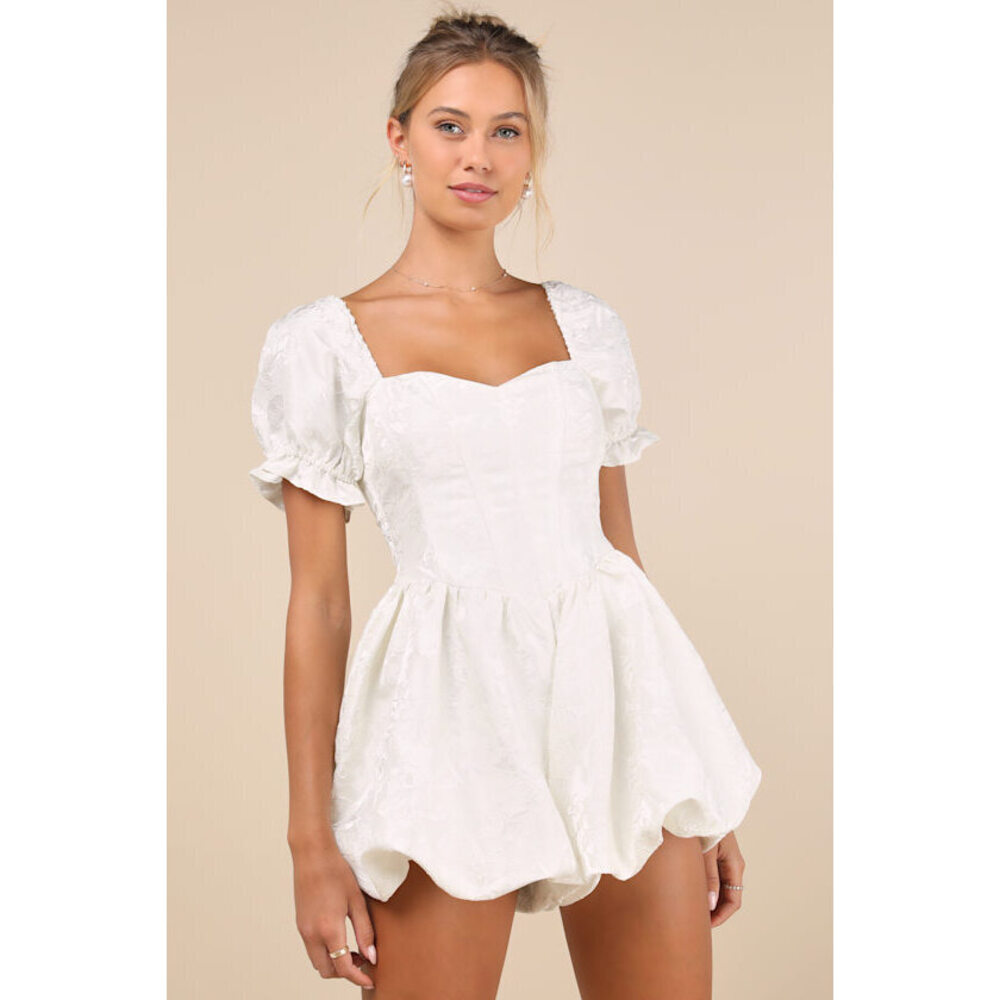 Princess Aesthetic Ivory Floral Jacquard Bubble-Hem Romper